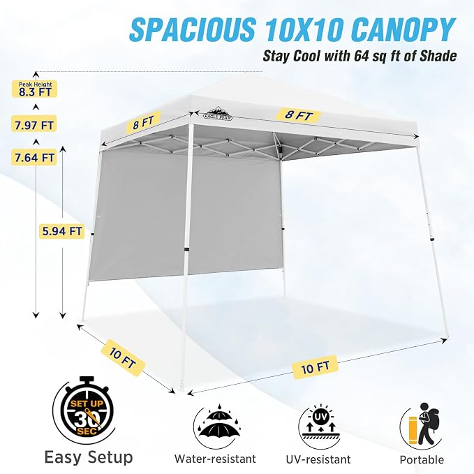 EAGLE PEAK 10x10 Pop Up Canopy Tent with Sidewall, Compact, Portable Slant Leg Instant Sun Shelter for Beach, Sports, & Camping, 10x10 Base 8x8 Top, White