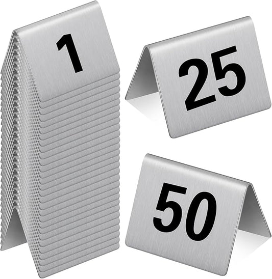 Wenqik 50 Pcs Stainless Steel Table Numbers 1-50 Tent Style 2 x 1.6 Inch Restaurants Table Number Card for Cafes Bars Party Banquets Food Service Wedding Evidence Markers Supplies(Black)