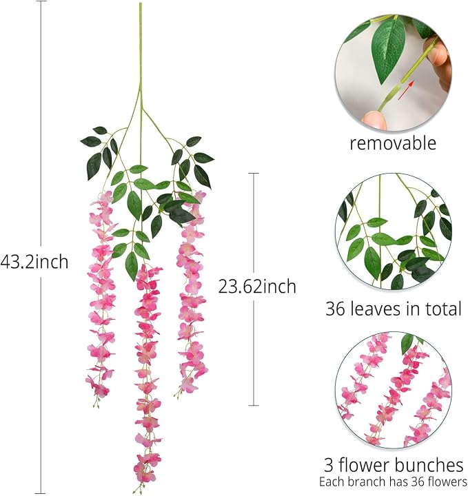 12 Pack Artificial Wisteria Hanging Flowers Fake Wisteria Flower Silk Vines Rattan Decor for Home Wedding Arch Wall Garden Greenery Bedroom Outdoor Office Party Decoration (Dark Pink)