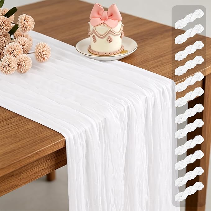 Pesonlook 12 Pack Cheesecloth Table Runner,White Table Runner Long Romantic Semi Sheer Rustic Boho Gauze Table Runners for Wedding Bridal Shower Birthday Party Decorations(17.7×108 Inch)