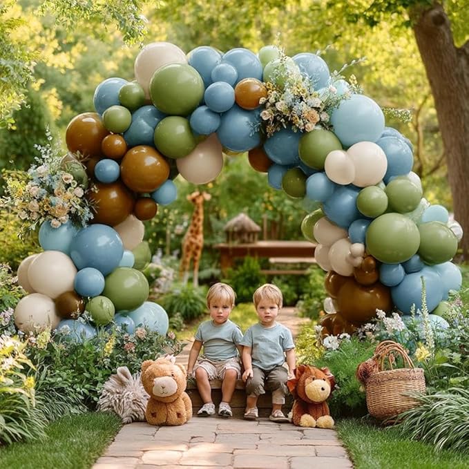 Blue Green Brown Balloon Garland Double Stuffed Dusty Blue Sage Green Balloons Olive White Sand Latex Balloon Arch Kit for Bear Baby Shower Birthday Woodland Wild One Party Decorations