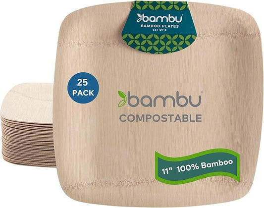 Bambu Pack of 25-11 Inch Disposable Bamboo Plates Square, Biodegradable Eco Friendly Products, Bamboo Disposable Plates for Events, Compostable