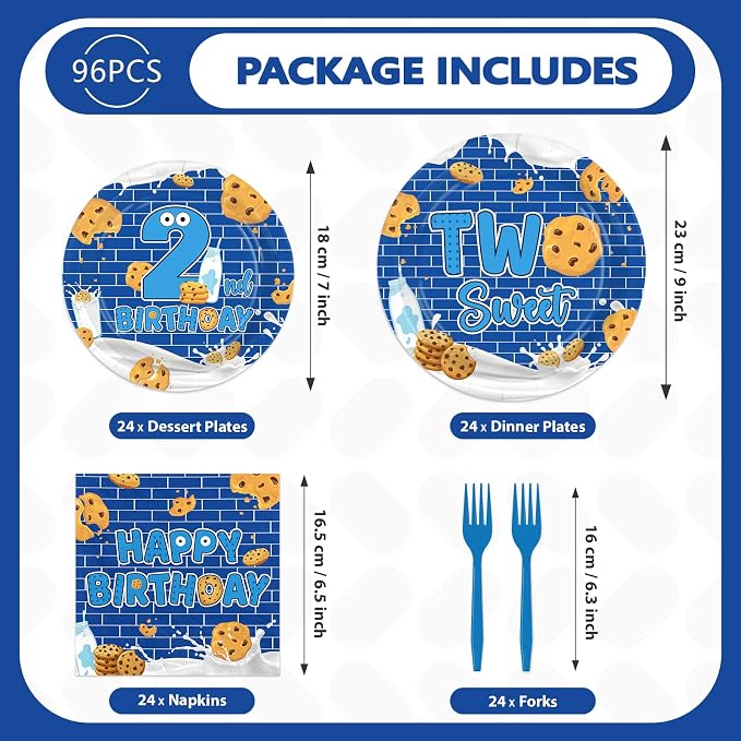 96 Pcs Milk and Cookies 2nd Birthday Party Supplies Dark Blue Cookies Plates and Napkins Two Sweet Cookie Tableware Set for Boys Girls Sweet Cookie 2nd Birthday Party Supplies, Serves 24