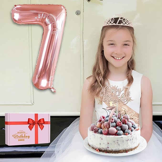 7th Birthday Decorations for Girls, Including 7th Birthday Sash and Tiara, Cake Topper and Candle, Number Balloon, 7 Year Old Girl Gifts