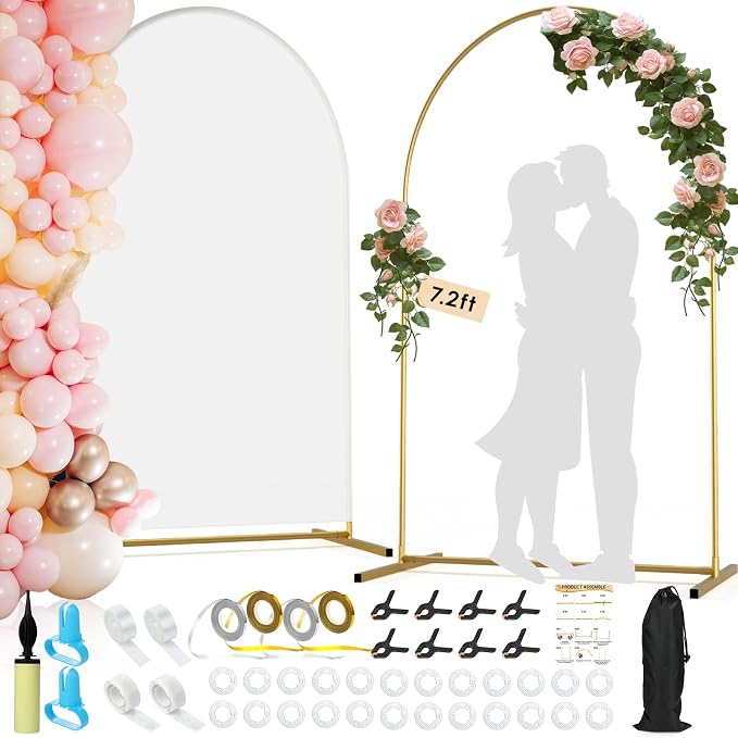 Arch Backdrop Stand and Cover Set| 7.2ft Wedding Metal Arch Stand with Spandex Fitted Backdrop Cover|Gold Balloon Arched Frame White Arch Cover for Birthday Party Baby Shower Graduation Ceremony Décor
