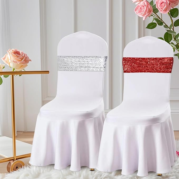 Eternal Beauty Pack of 30 Silver Chair Sashes Band Bows Sequin Chair Sashes for Wedding Decorations