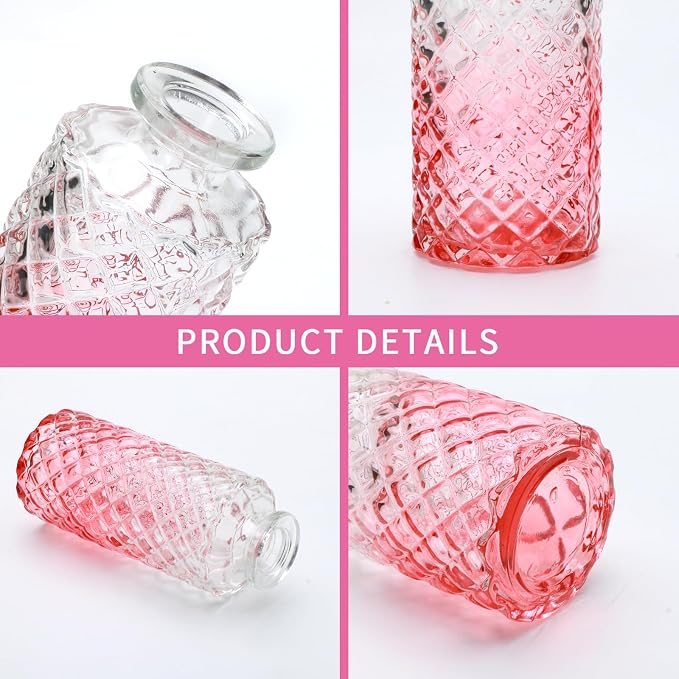 Glass Bud Vase Set in Bulk, 9pcs Mini Vintage Flower Vases for Wedding,Pink Relief Vase for Centerpieces,Home Table Flower Decor, Party Decorations