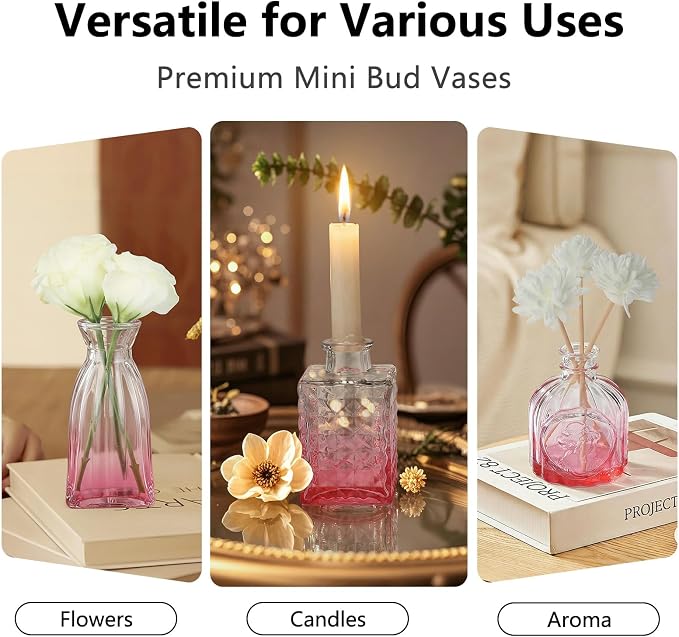 RUCKAE Glass Bud Vases Mini Flower Vase Small Vintage Vases for Centerpiece Table Wedding Decorations Home Decor Party(Gradient Pink 22 Pack)