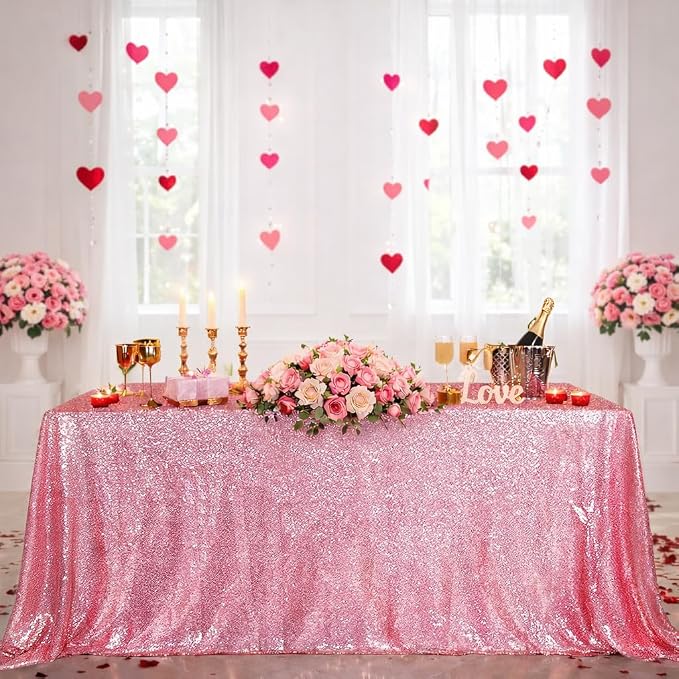 B-COOL Bright Sequin Tablecloth Fuchsia Pink Valentine's Day Table Cloth Rectangle Hot Pink for Party Dinner Banquet Festival Wedding Anniversary Exhibition Dessert Table 60x102inches