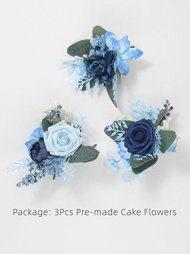 Rinlong 3Pcs Pre-made Cake Flowers Navy Blue Cake Decorations Wedding Cake Decorating Flowers Decor Birthday Baptism Party Artificial Flowers Cake Toppers