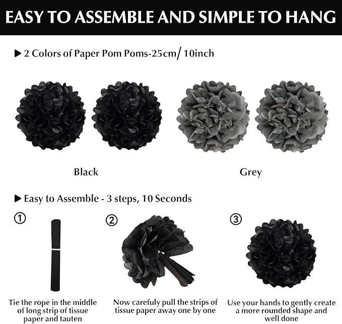 Black Gray Party Decoration,23Pcs Hanging Paper Fans, Pom Poms Flowers, Garland String Polka Dot and Triangle Bunting Flag Packs for Boy Birthday, Bridal Shower, Baby Boy Showers, Wedding, Graduation