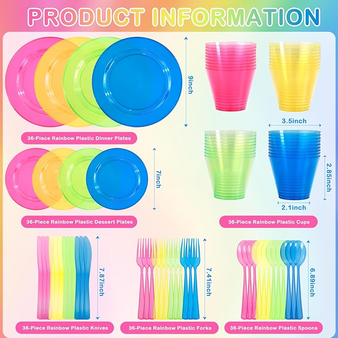 Supernal 216pcs Plastic Dinnerware Set include Rainbow Disposable Plates for Party Heavy Duty,Colorful Disposable Cups,Plastic Silveware in Neon Pink,Blue,Green,Yellow, Pefect for Birthdays