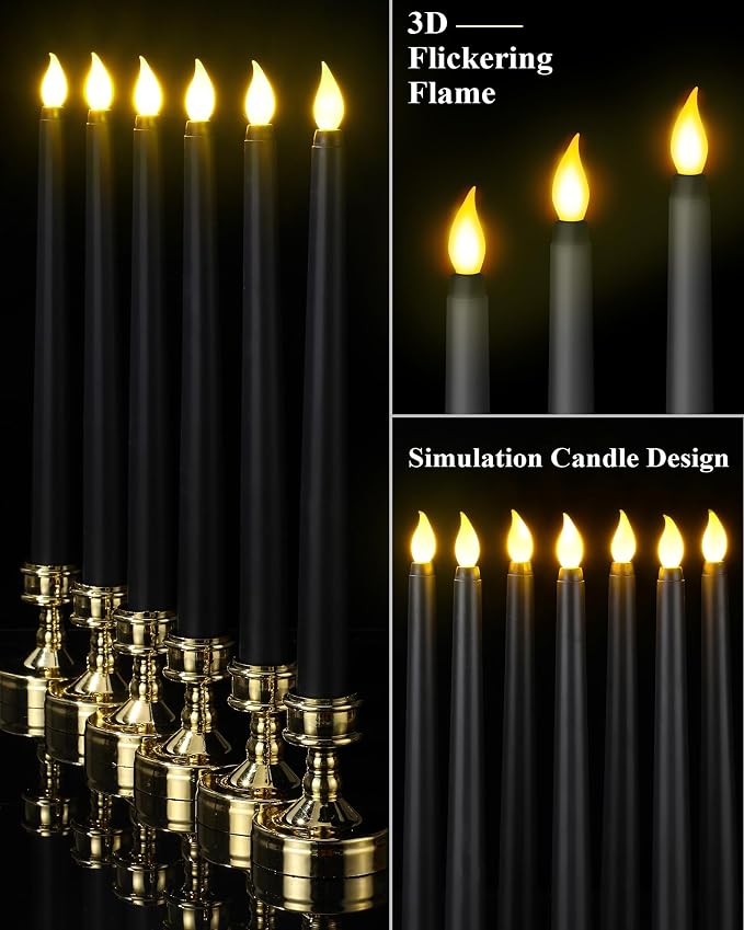 Funtery 48 Pcs Flameless LED Taper Candles Battery Operated Candles Bulk Realistic LED Candlesticks Flickering for Wedding Church Party Home Decor(Black,11 Inch,Classic Style)