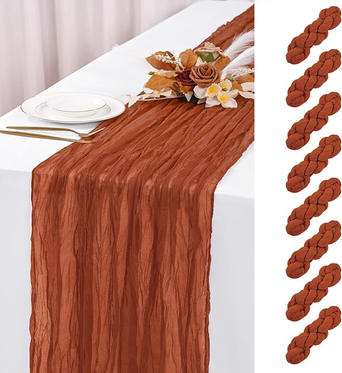 8 Pack Terracotta Cheesecloth Table Runner 120 Inch 10FT Spring Boho Rustic Sheer Gauze Cheese Cloth Table Runner for Wedding Baby Shower Birthday Party Table Decor
