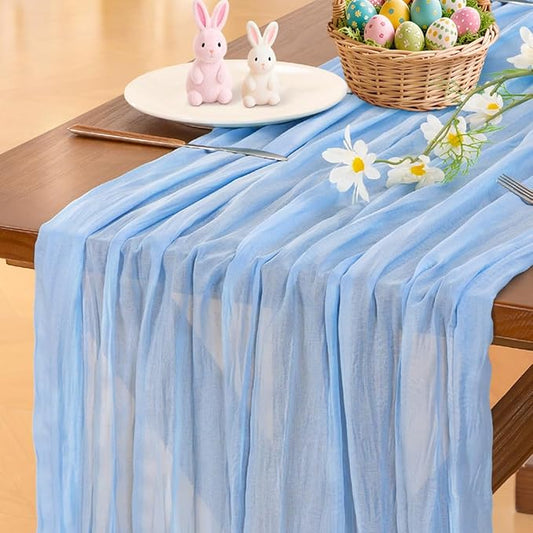 Socomi Blue Cheesecloth Table Runner Summer Light Blue Boho Rustic Gauze 120 inch 10FT Cheese Cloth Sheer Runner for Wedding Party Baby Shower Birthday Home Decor Holiday Decorations