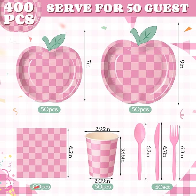 400 Pcs Apple Party Decorations Supplies Serve 50, Back to School Apple Paper Plates Napkins Cups Pink Checkerboard Disposable Tableware Set for Last/ First Day of School Party