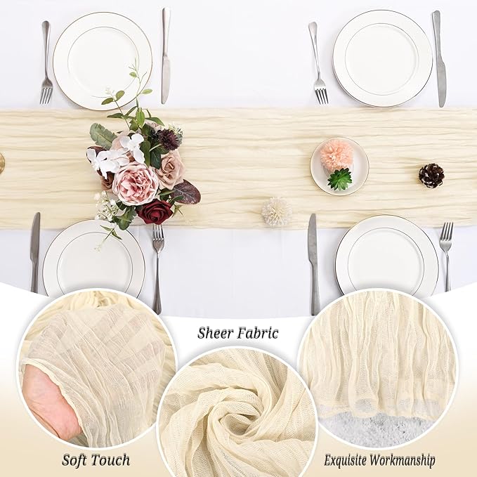 24 Pack Ivory Cheesecloth Table Runner 120 inch Fall Thanksgiving Boho Cream Rustic Gauze Farmhouse 10FT Cheese Cloth Runner for Baby Shower Wedding Party Holiday Home Decor