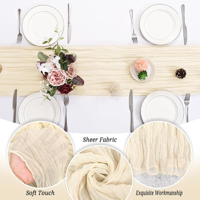 24 Pack Ivory Cheesecloth Table Runner 120 inch Fall Thanksgiving Boho Cream Rustic Gauze Farmhouse 10FT Cheese Cloth Runner for Baby Shower Wedding Party Holiday Home Decor
