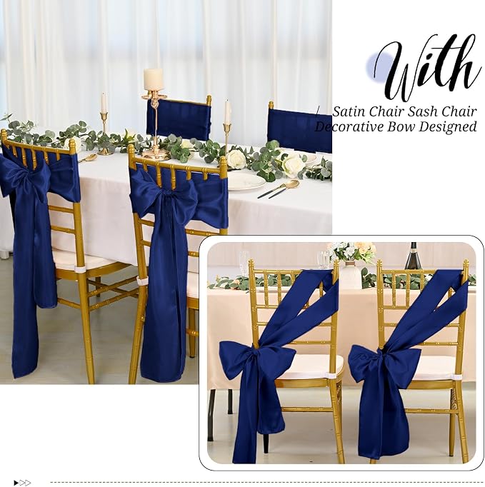 Pesonlook 60 PCS Navy Blue Satin Chair Sashes Bows Satin Chair Sashes Universal Chair Cover for Wedding Reception Restaurant Event Decoration Banquet,Party,Hotel Event Decorations (7 x 108 inch)