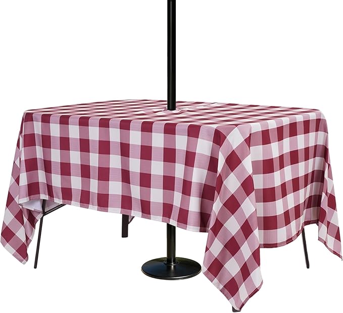 Poise3EHome Rectangle Outdoor Tablecloth with Umbrella Hole and Zipper,Burgundy Gingham 84x60 Inch,SpillProof Washable Table Cloth for Spring Summer Patio Garden Poolside Picnic Camping BBQS