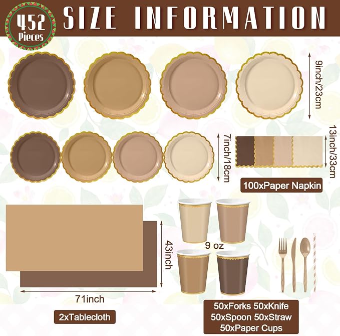 Vesici 452 Pcs Brown Party Supplies Set Gold Rim Disposable Tableware with 9'' 7'' Paper Plates Napkins Tablecloths 9oz Cups Cutlery Straws Neutral Party Decorations for Birthday Wedding Baby Shower