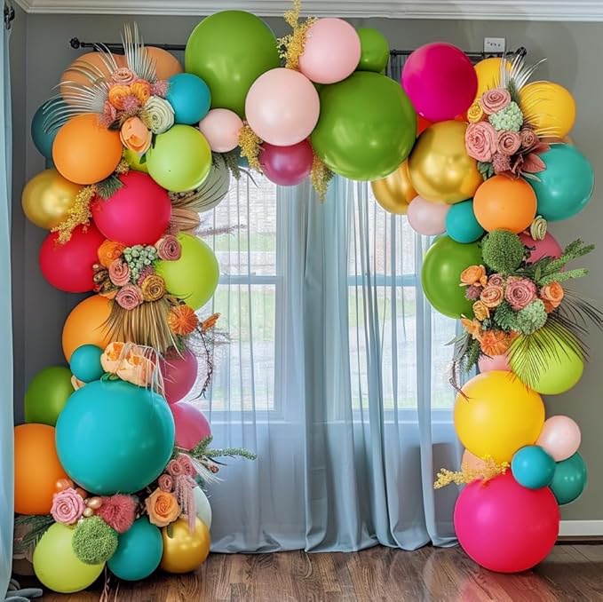 Tropical Balloons Arch Pink Green Orange Gold Balloons Pastel Yellow Teal Balloon Garland For Flamingo Beach Hawaiian Luau Aloha Summer Birthday Baby Shower Party Decorations