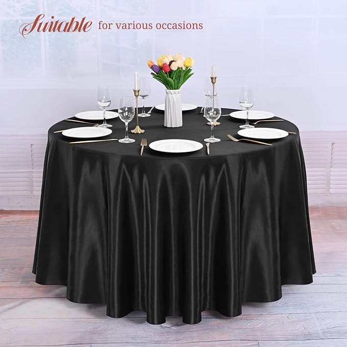 12 Pack 120 Inch Round Tablecloth, Black Satin Fabric Table Cloth for Round Tables, Wrinkle Resistant Washable TableCover Bright Silk Table Clothes for Wedding Party Dining Tables Banquet