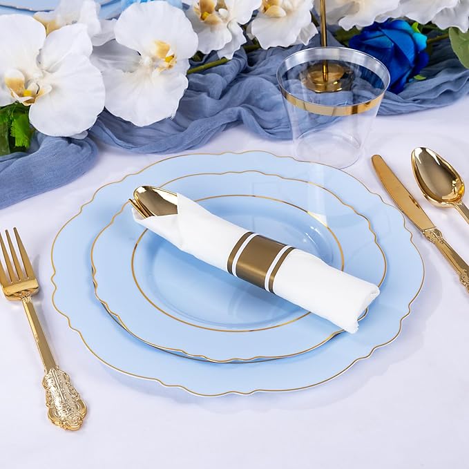 Liacere 175PCS Bule Plastic Plates - Disposable Ligh Bule and Gold Plates - Baroque Plastic Dinnerware 50Plates, 25Pack Pre Rolled Napkins with Silverware 25Cups for Baby Shower Party & Wedding
