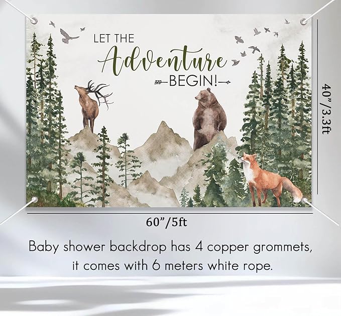 140PCS Let The Adventure Begin Baby Shower Decorations, Woodland Mountain Baby Shower Supplies, Sage Green Balloon Garland Kit, BABY Boxes, Backdrop Banner