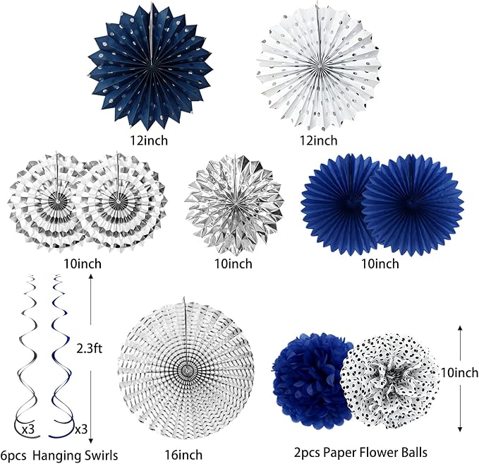 33 Pcs Navy Blue and Silver Party Decorations Kit - Reusable Paper Fans, Pom Poms, Tassel Garland & Banner - Elegant Decor for 2026 Graduation, Birthday, Wedding & Bridal Shower