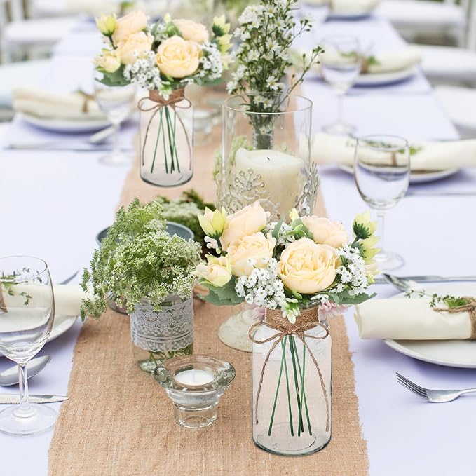 Zeyune 6 Sets Mason Jar Table Centerpiece with Artificial Peony Baby's Breath Flower Centerpieces Faux Flowers with Rope for Wedding Reception Engagement Bridal Shower Rustic Table Decor(Champagne)