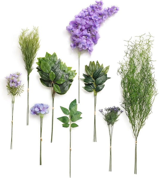 Ling's moment Artificial Greenery Stems Box Set, 30pcs with 8 Kinds of Faux Greenery Picks for DIY Bridal Bouquets Wedding Floral Arrangement Table Centerpieces, Purple & Dark Green