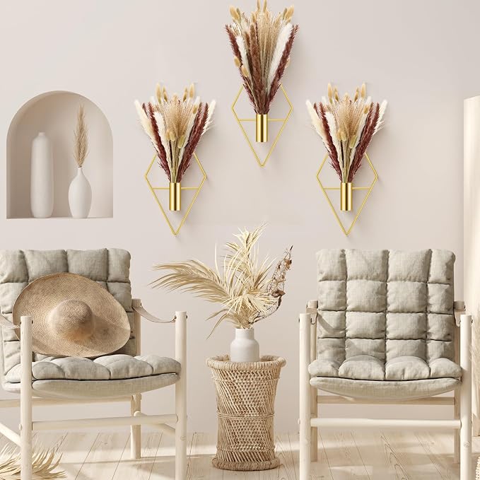 Hanaive 4 Sets Boho Gold Wall Decor Metal Wall Art Hanging Planters with Artificial Pampas Display Art Modern Home Metal Vase for Bedroom Room Home Office (Gold,Mixed Style)