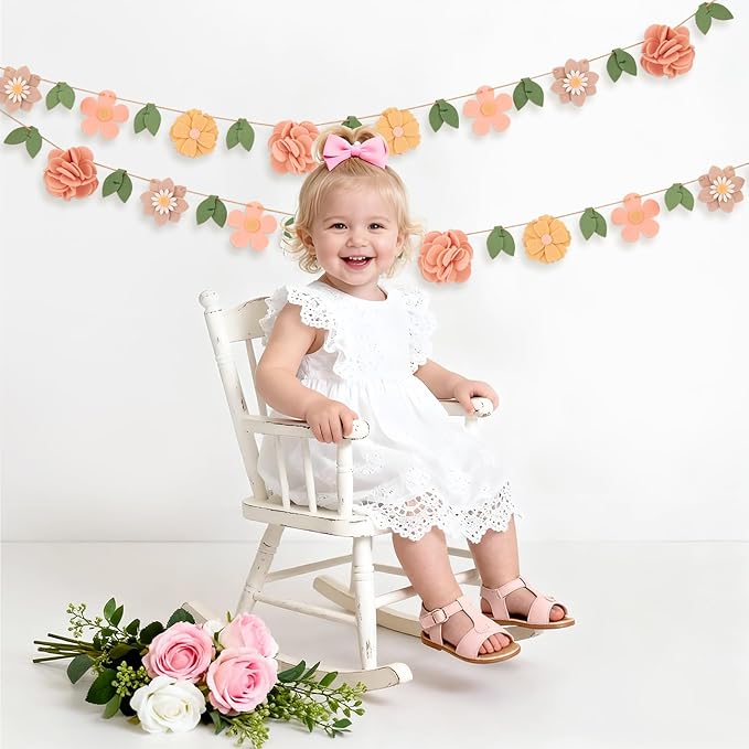 Handmade Felt Flower Garland, Flower Party Decorations, Pre-Strung Spring Garden Decorations for Girls Women Mom, Floral Birthday Party Decor
