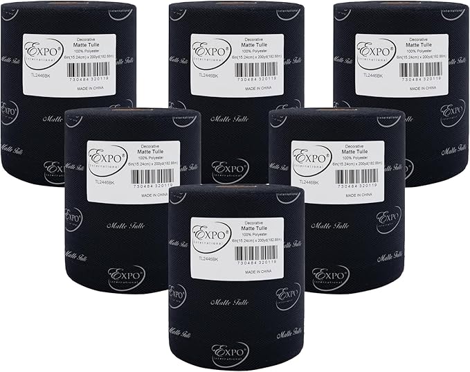 Expo International Decorative Matte Tulle, Roll/Spool of 6” X 200 Yards, Lightweight Polyester Tulle Fabric for Tutus, Costumes, and Party Decorations, Washable, Easy-to-Use, Pack of 6, Black