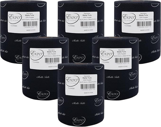 Expo International Decorative Matte Tulle, Roll/Spool of 6” X 200 Yards, Lightweight Polyester Tulle Fabric for Tutus, Costumes, and Party Decorations, Washable, Easy-to-Use, Pack of 6, Black