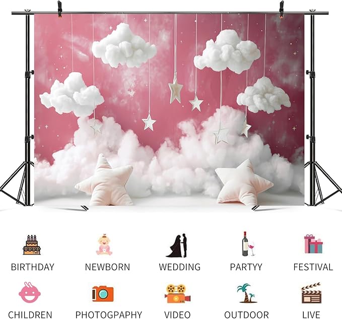 20x10ft Cloud Backdrop Sky Starry Star White Pink Photography Background Baby Shower Banner for Girl Baby Birthday Party Decoration Newborn Photoshoot Prop Cake Smash Photo Booth Prop