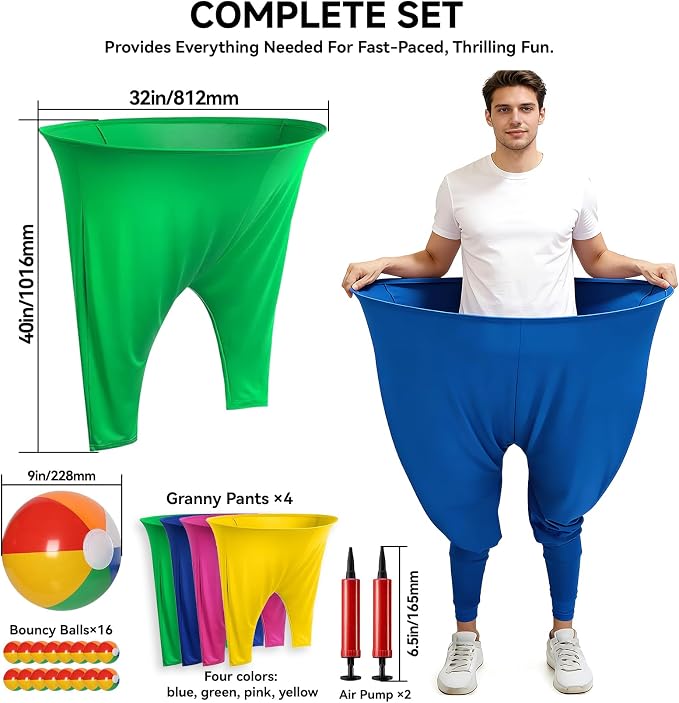 4-Color Team Granny Pants Yard Game with 16 Balls & 2 Pumps - Complete Adult Outdoor Set for 8+ Players, Backyard & Outdoor Toss Group Games for Family & Friends Gatherings