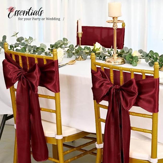 Pesonlook 60 PCS Burgundy Satin Chair Sashes Bows Satin Sashes Universal Chair Cover for Wedding Reception Restaurant Event Decoration Banquet,Party,Hotel Event Decorations (7 x 108 inch)