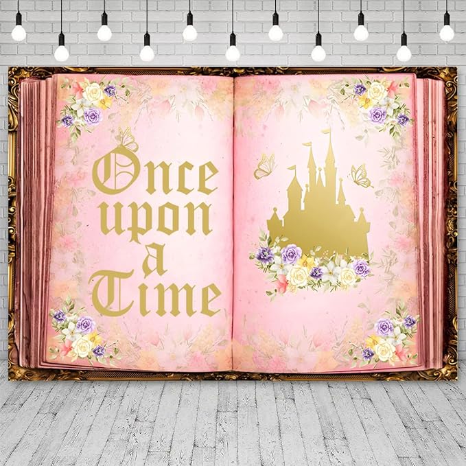 10x6.5ft Once Upon a Time Backdrop Fairy Tale Book Castle Photography Background Pink Floral Butterfly Princess Birthday Baby Shower Wedding Party Decor Photo Booth Props for Girls Photoshoot