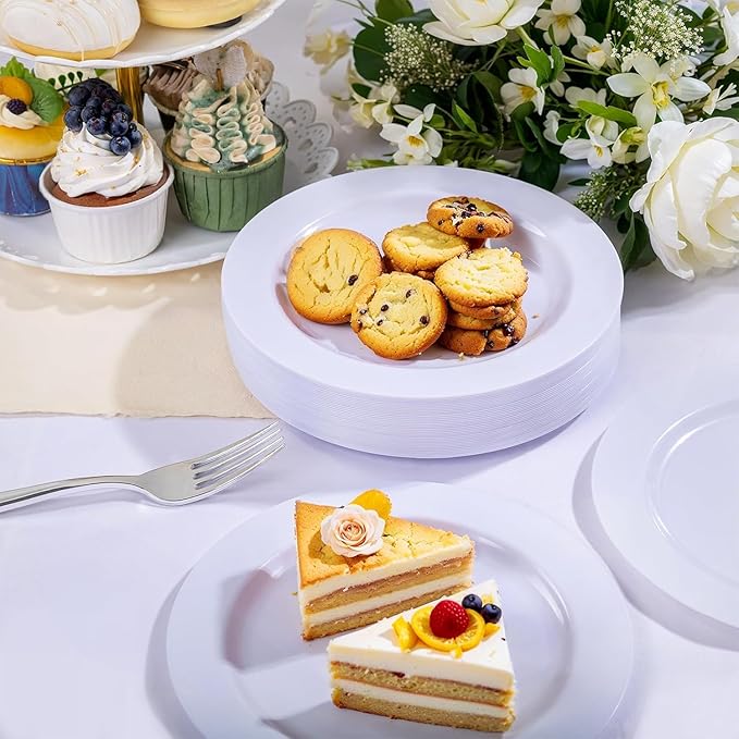 WELLIFE 100 Pieces White Plastic Dessert Plates with 100pcs Silver Disposable Forks, Premium Hard Salad Plate 7.5”, Appetizer Plastic Plates for Wedding, Party