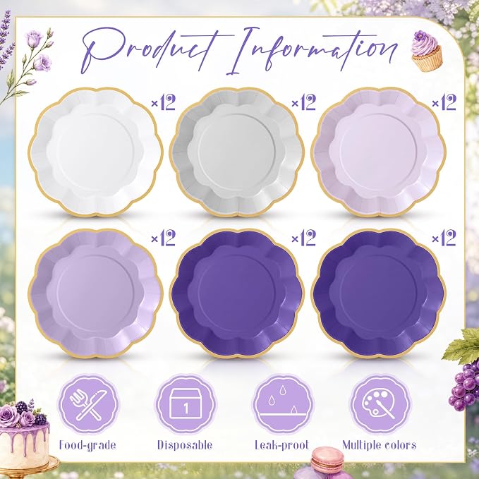 72 Pcs Purple Paper Plates 9 Inch Lavender Gradient Scalloped Paper Disposable Dinner Dessert Plates for Birthday Wedding Bridal Baby Shower Party Supplies, 6 Colors