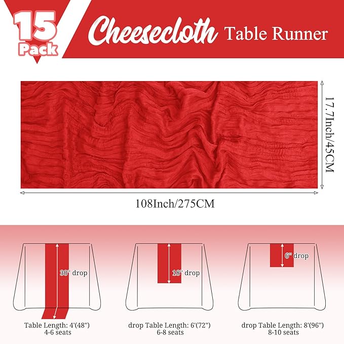15 Pack Red Table Runner 17 x 108inch Cheesecloth Table Runner Boho Gauze Table Runners Rustic Sheer Fabric Cheese Cloth Table Runners for Wedding Party Bridal Shower Farmhouse Thanksgiving Decor