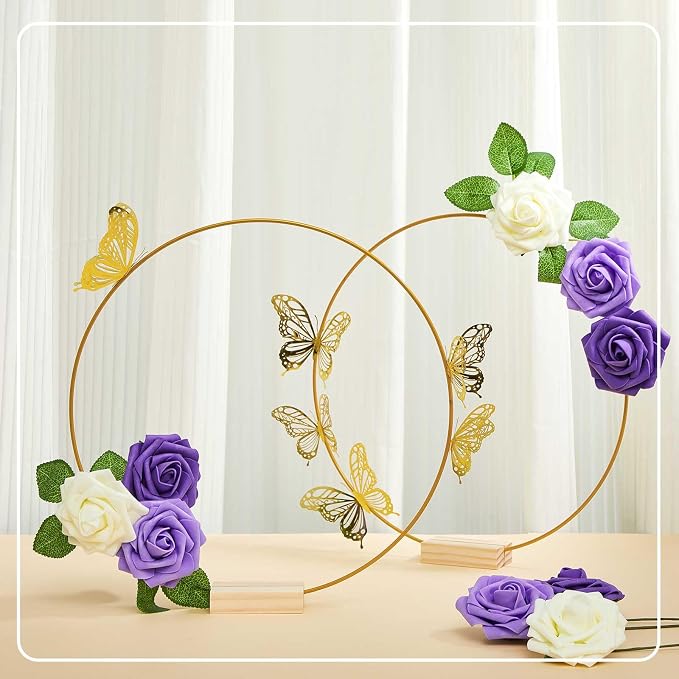 Vercraft 12 Set Butterfly Metal Floral Hoop Table Centerpieces, Metal Ring with 3D Butterfly Decor, PE Foam Flower, Adhesive Dot, Gold Wires for DIY Wedding Party (White, Purple, Purple,Round)