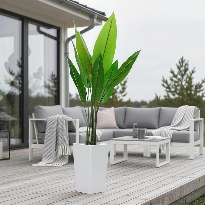 4.7FT Artificial Bird of Paradise Plant Tree with White Tall Planter, Tall Potted Faux Plants Indoor, Decorative Evergreen Tropical Fake Floor Plant for Home Office Living Room Outdoor Front Door