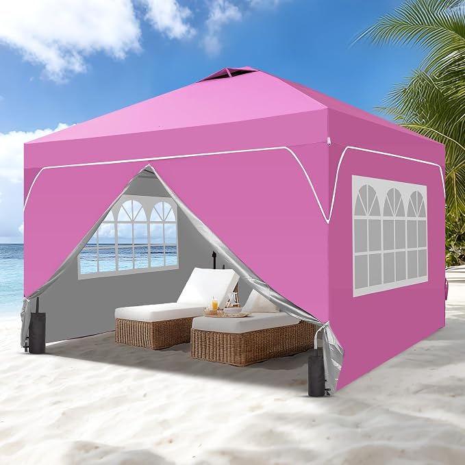 GDY 12x12FT Pop Up Canopy Tent with One Push Setup, Easy to Install with 4-Sidewalls for Events, Parties, Camping, Outdoor Gazebo with 4-Sandbags and Wheel Bag, Pink.