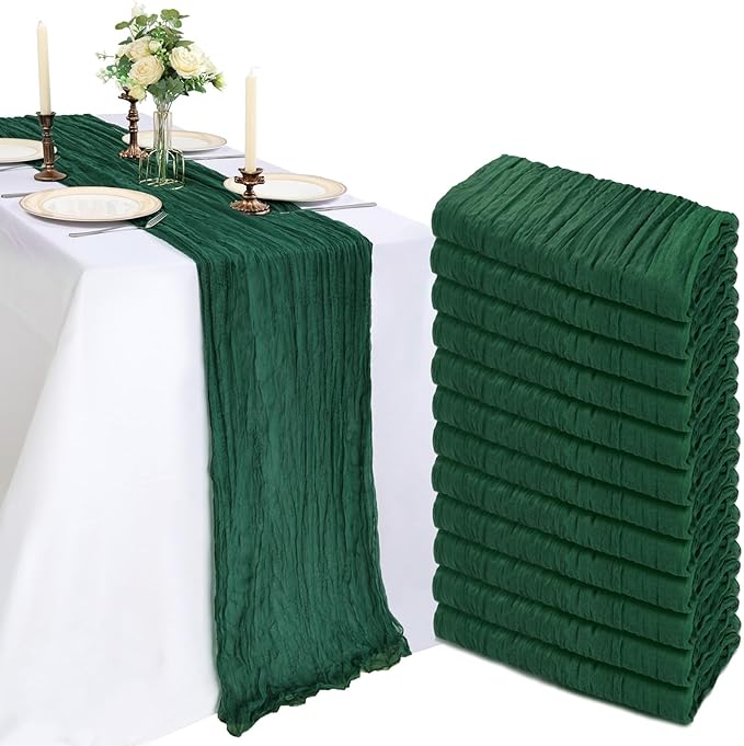 12 Pack 10FT Emerald Green Cheesecloth Table Runner 120 Inch Long Gauze Rustic Boho Spring Cheese Cloth Table Runner Sheer Fabric Decorations For Holiday Party Wedding Banquet Bridal Baby Shower Décor
