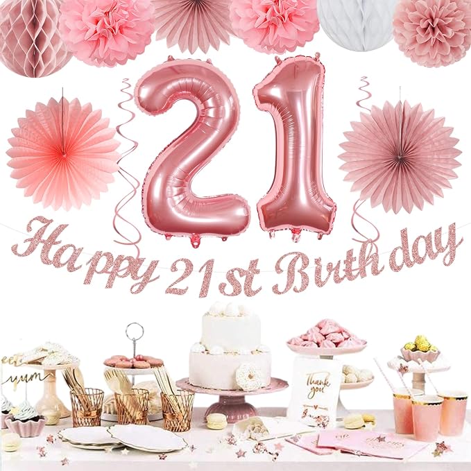 Rose Gold Light Pink White 21st Happy Birthday Party Decorations Hugmoon | 21pcs Kit 30th Balloon,Cute Girl Banner,Streamers,Tissue Paper Pom Poms Flowers Fans,Birthday Garlands Decor Backdrop