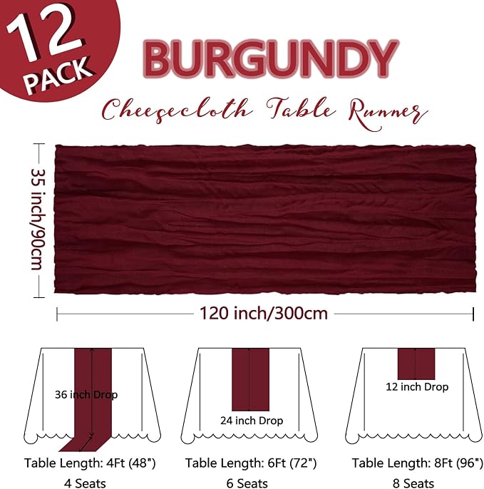12 Pack Burgundy Cheesecloth Table Runner 10Ft Gauze Red Cheese Cloth Runner 35x120 Inch Boho Rustic Fabric for Holiday Party Decor Baby Shower Wedding Decorations