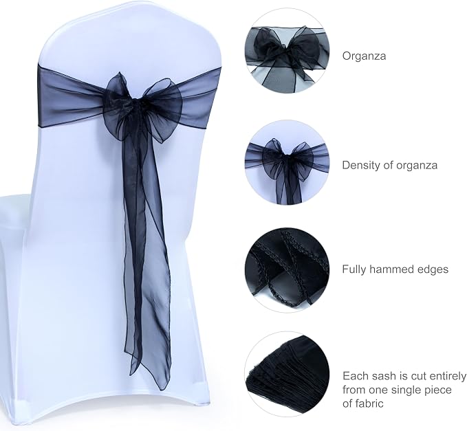 MDS® Pack of 250 Organza Chair Sashes for Wedding Decoration, Reusable Sheer Chair Bows for Banquet Chair Cover, Reception, Bridal Shower, Baby Shower, Birthday Party & Special Events - Black